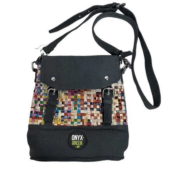 Onyx + Green Handbags - Onyx + Green Cross Weave Magazine Print Crossbody Bag